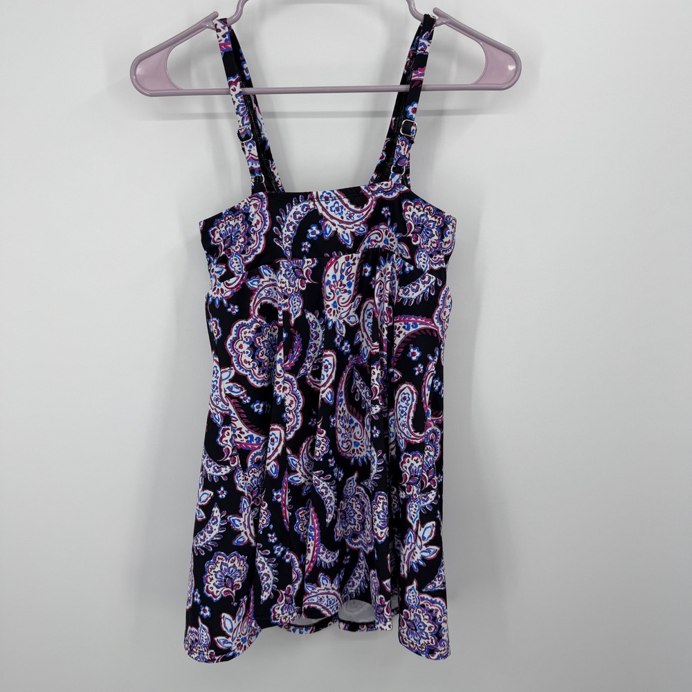 Swim Solutions Bow Front Swim Dress Womens 10‎ Black Multi Paisley Floral 807095 - Picture 7 of 8